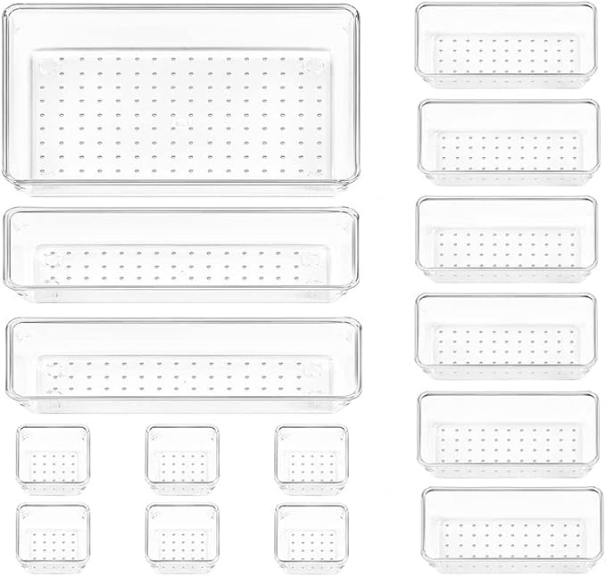 15PCS Clear Plastic Drawer Organizer Set 4-Size Versatile Bathroom and Vanity Drawer Organizer Trays Storage Bins