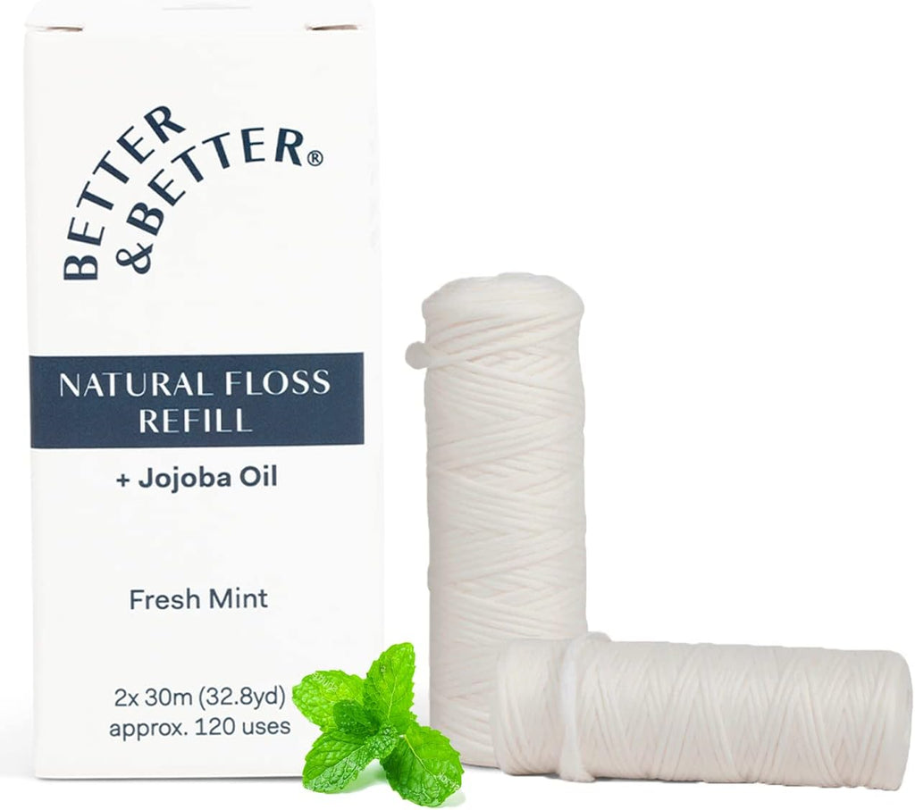 Better & Better Natural Dental Floss Refill Pack | Waxed & Zero Plastic Oral Care - 100% Plant-Based, Vegan, Eco and Non Toxic Dental Floss, 2 Spools