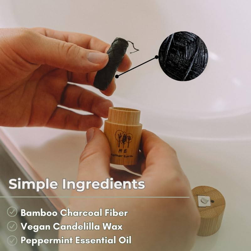Vegan Biodegradable Bamboo Charcoal Dental Floss with Refillable Bamboo Container | Free Refill | Natural Candelilla Wax | 30M x2 | Peppermint Essential Oil | Eco Friendly Zero Waste Oral Care
