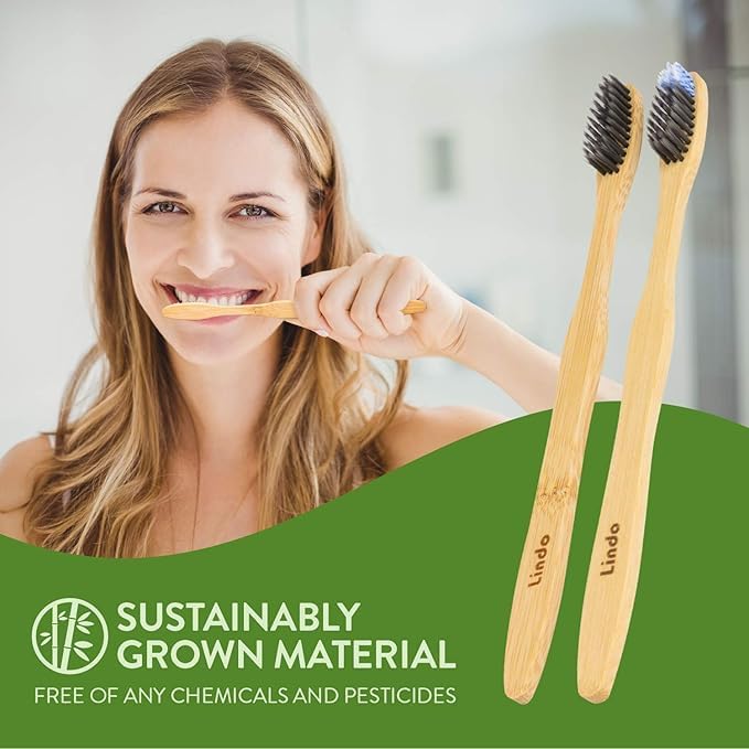 Lindo EcoGrip Charcoal Infused Bamboo Toothbrush - Soft German Made Fiber Bristles, Organic and Recyclable, Multi-Colored - Pack of 4