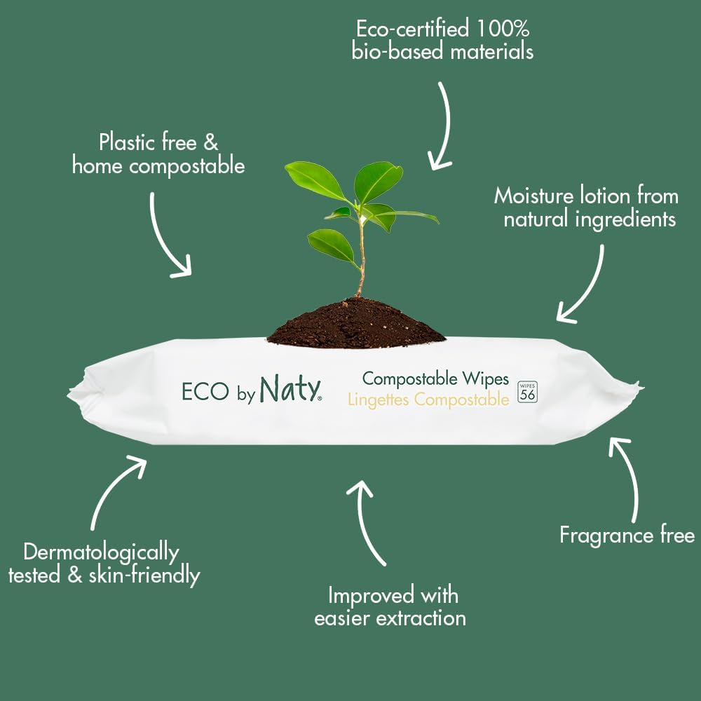 Eco by Naty Baby Wipes Unscented - 100% Compostable and Plant-Based Wipes, Good for Babies and Newborn Sensitive Skin (672 Count - 12 packs of 56)