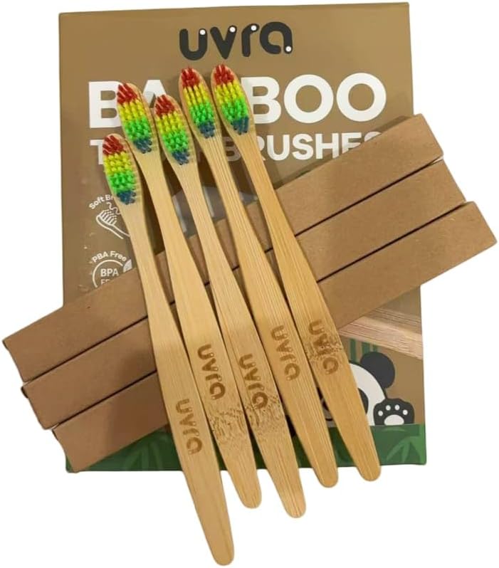 Bamboo Toothbrushes for Adults - 10 Pack Biodegradable Bamboo Toothbrush Teeth Colorful Bristle Natural Bamboo Tooth Brush Dental Eco Wood Toothbrushes (Rainbow)