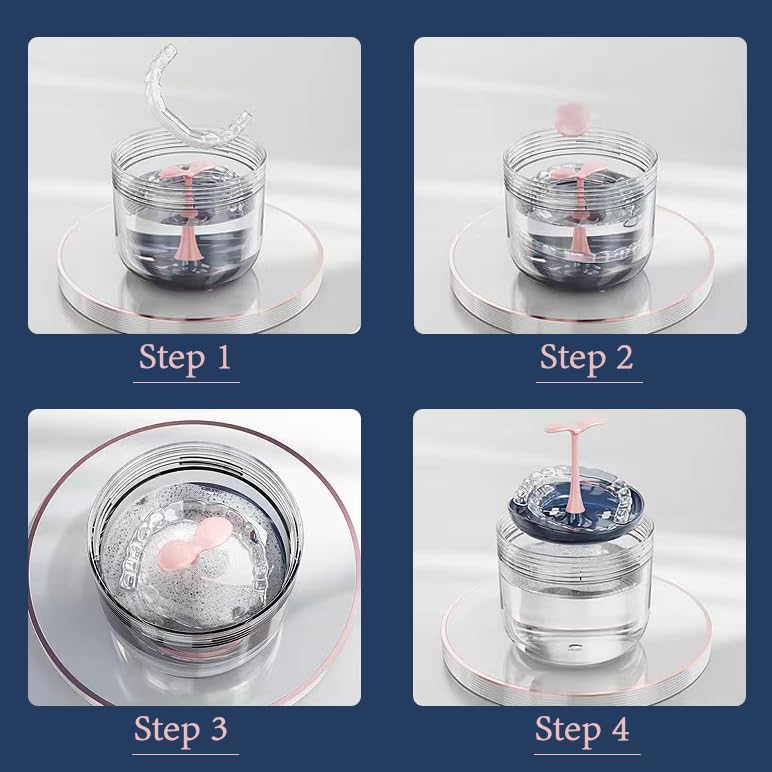 Retainer case, Denture Bath Cup，Retainer Cleaner Case Box,Night Mouth Guard Case Holder,Storage Soak Container with Drain Tray for Travel Cleaning with Mirror and Brush