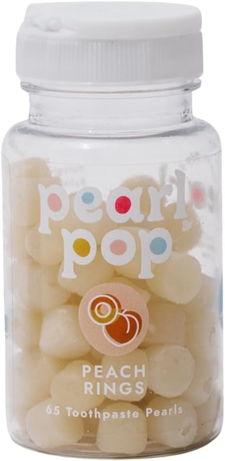Toothpaste Pearls, Chewy Fluoride Free Toothpaste for Kids, Stocking Stuffer, Made with Nano Hydroxyapatite & Xylitol, Foam Free, Mess-Free Travel Tooth Paste, Peach Rings, 65ct