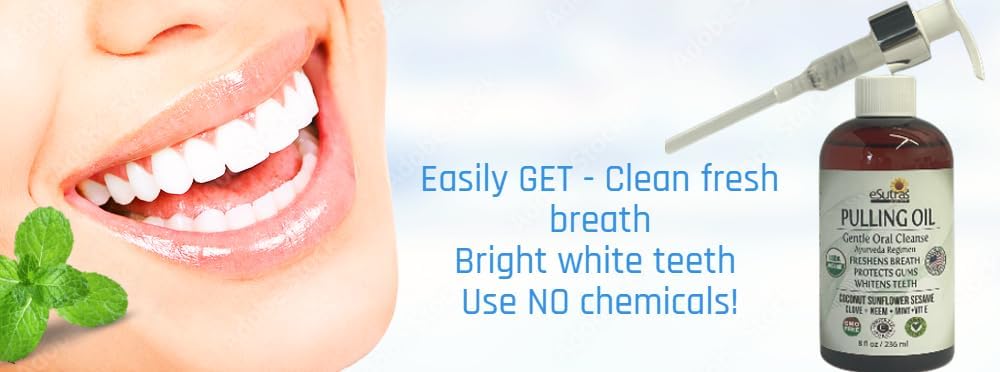 eSutras Pulling Oil Herbal Mouthwash Powerful Coconut Sesame Sunflower Oils + Essential Oils, Mint Clove Whitens Teeth Refreshes Breath Strengthens Gums