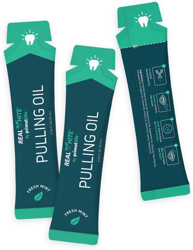 Primal Life Organics – Real White Pulling Oil, Teeth Whitening Mouthwash with Essential Oils, Coconut, Tea Tree, Key Vitamins, Chemical Free, Fluoride Free, 14 Sachets (Fresh Mint, 0.33 oz.)