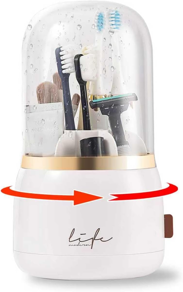 Toothbrush Holders for Bathrooms, Rotating 7 Slots Electric Toothbrush Holders with Cover, Countertop Toothpaste Organizers (White)