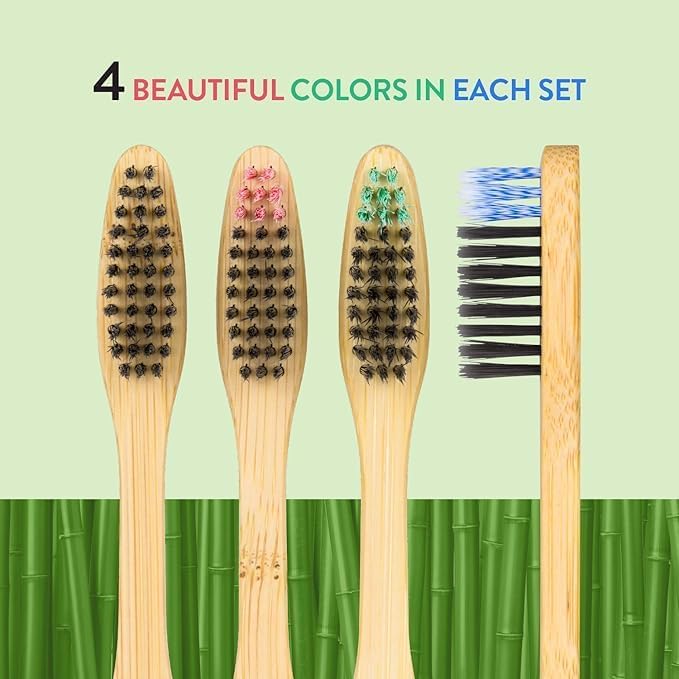Lindo EcoGrip Charcoal Infused Bamboo Toothbrush - Soft German Made Fiber Bristles, Organic and Recyclable, Multi-Colored - Pack of 4