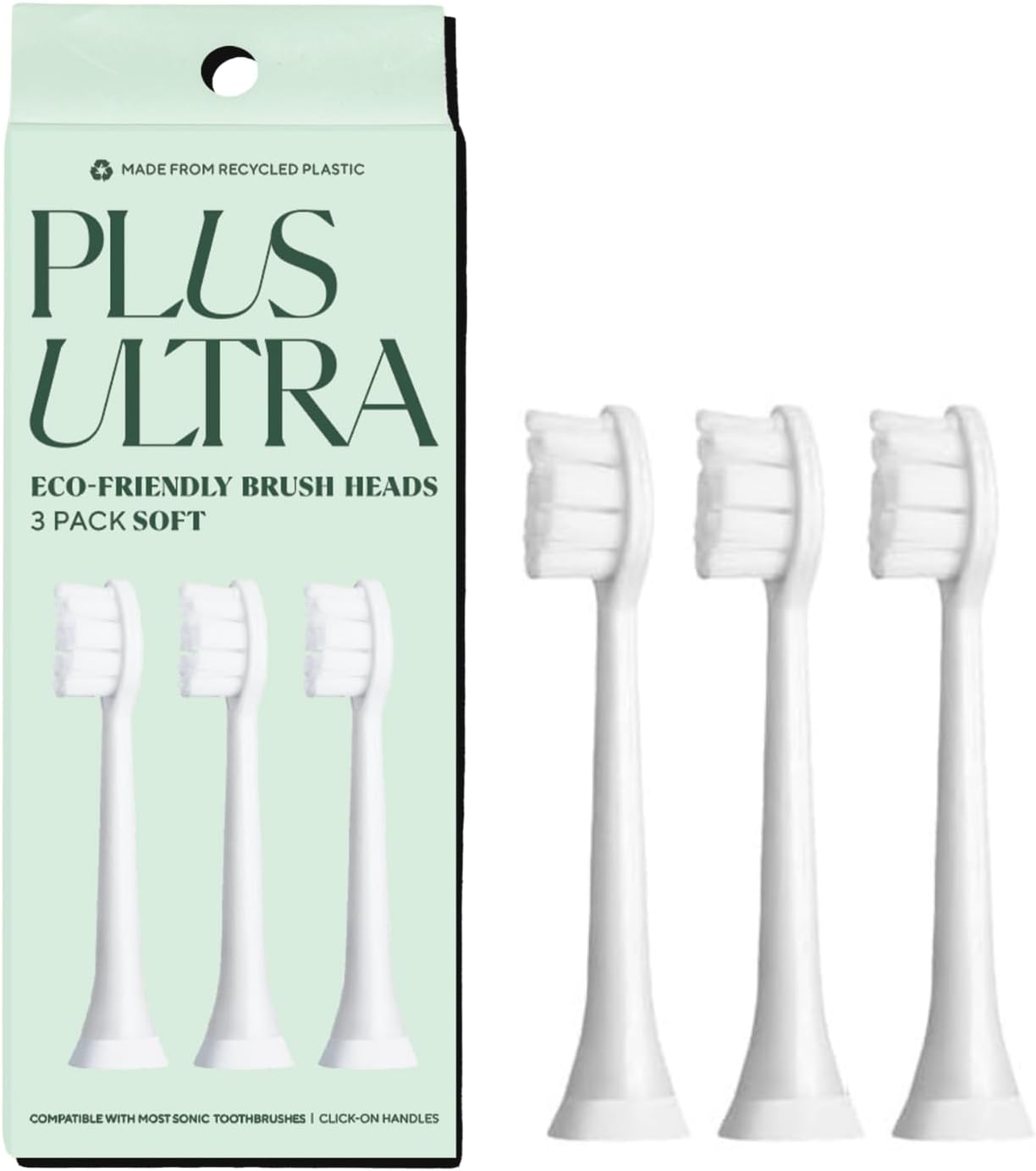 Plus Ultra Eco Friendly Toothbrush Replacement Heads 3 Pack | Designed for Sonic Powered Electric Toothbrushes | Made with Recycled Plastic | Soft Toothbrush for Sensitive Teeth
