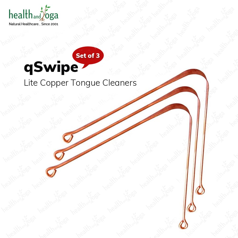 HealthAndYoga™ qSwipe Lite Copper Tongue Cleaners (Pack of 3) – Prevents Bad breath, Improves taste- Flexible, Curved ends provide good grip – Complete Oral Care/Hygiene for Travel/Office/Home