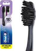 Oral-B 3D White Charcoal toothbrush, 2 count MEDIUM manual tootbrush pack, Whitens teeth, removes plaque and stains, tongue scraper tooth brush