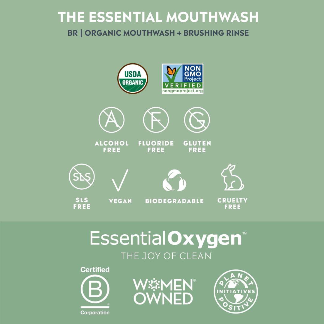 Essential Oxygen, Certified Organic Brushing Rinse, Combo, Peppermint, All Natural mouthwash, Dentist Recommended, Alcohol-Free Oral Care, 1 - 3 fl oz bottle and 1 - 16 fl oz bottle, BR (Pack of 2)
