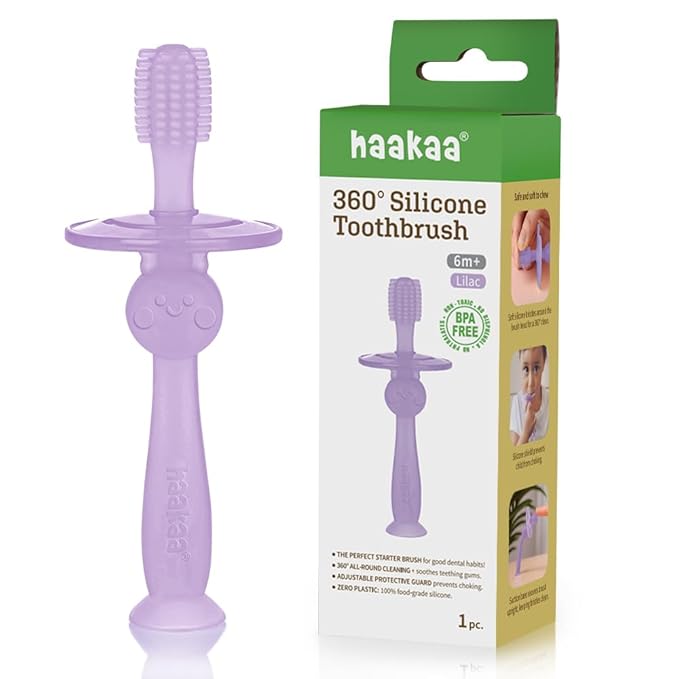 haakaa 360° Silicone Baby Toothbrush – 100% Soft Food Grade Silicone, BPA-Free, Suction Base, Safe for Babies 6 Months+, Gentle Gum and Teeth Cleaning for Infants, Gum Massager (Lilac)