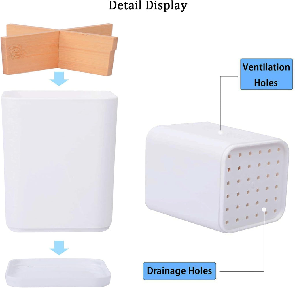 Toothbrush Holders Drainage for Bathrooms, 4 Slots Tooth Brushing Holder with Bamboo Dividers Plastic Electric Toothbrush and Toothpaste Caddy Organizer for Sink, Counter, Shower, Vanity, White