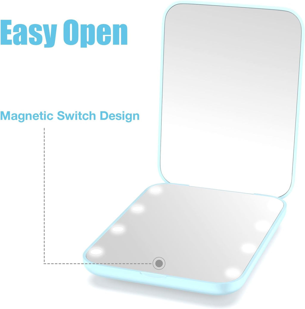 WOBSION Small Mirror with Lights,LED Compact Makeup Mirror,1x/3x Mini Travel Mirror with Magnification,Portable for Purse,Pocket,Gifts for Girls,Blue