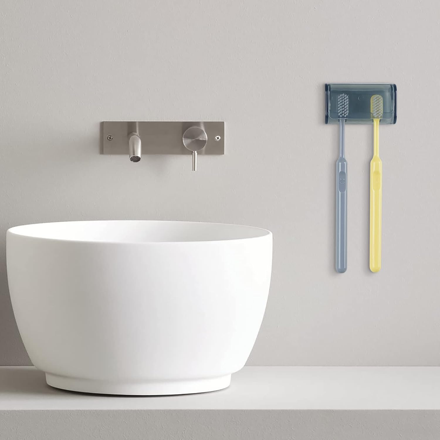 2 PCS Toothbrush Holder Wall Mounted with Cover for Bathroom, 2 Slots Toothbrush Storage Organizer for Shower, Self Adhesive Toothbrush Hanger Rack for Dorm, Cabinet (Grey)