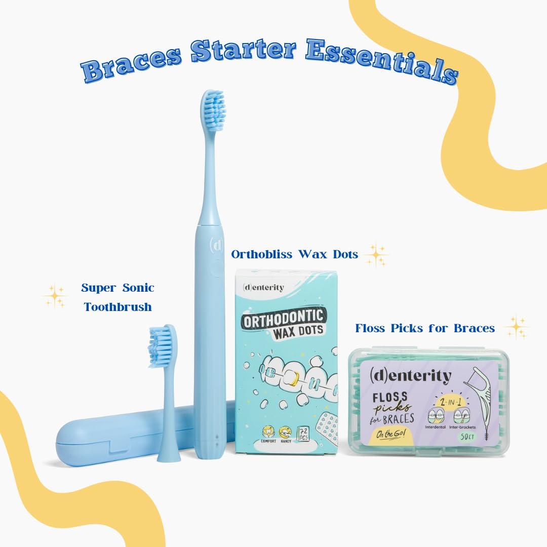 Braces Essentials Bundle Cleaning Kit for Teeth, Portable Orthodontic Toothbrush Kit Oral Care Dental Travel Kit - Sonic Toothbrush Floss Picks Wax Dots- 3pc Bundle-for Kids & Teens & Young Adults