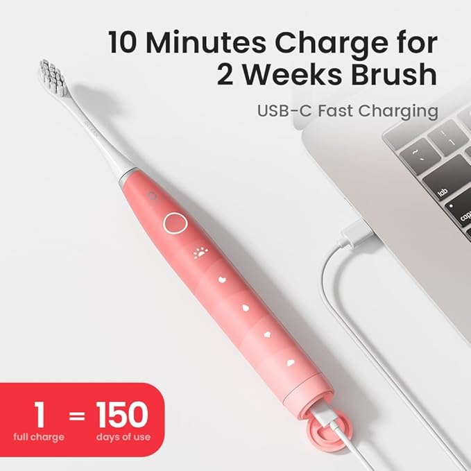 Oclean Electric Toothbrush for Adults, 150 Days Battery Life Electric Toothbrush, USB Rechargeable Sonic Travel Toothbrush with 6 Brush Heads & Travel Case, 5 Modes and Smart Timer