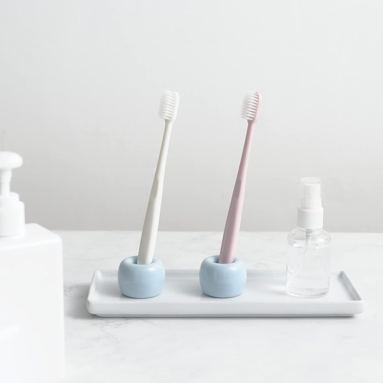 Mini Ceramic Couple Toothbrush Holder, Hand-Made Bathroom Toothbrush Holder, Electric Toothbrush Head Holder and Office Pen Holder 2-Piece Set (Blue)