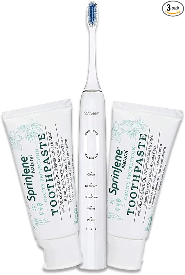 SprinJene Natural Fluoride Toothpaste for Healthy Teeth & Gums (2 Pack) + Electric Toothbrush with Wireless Charger & 2 Replacement Heads