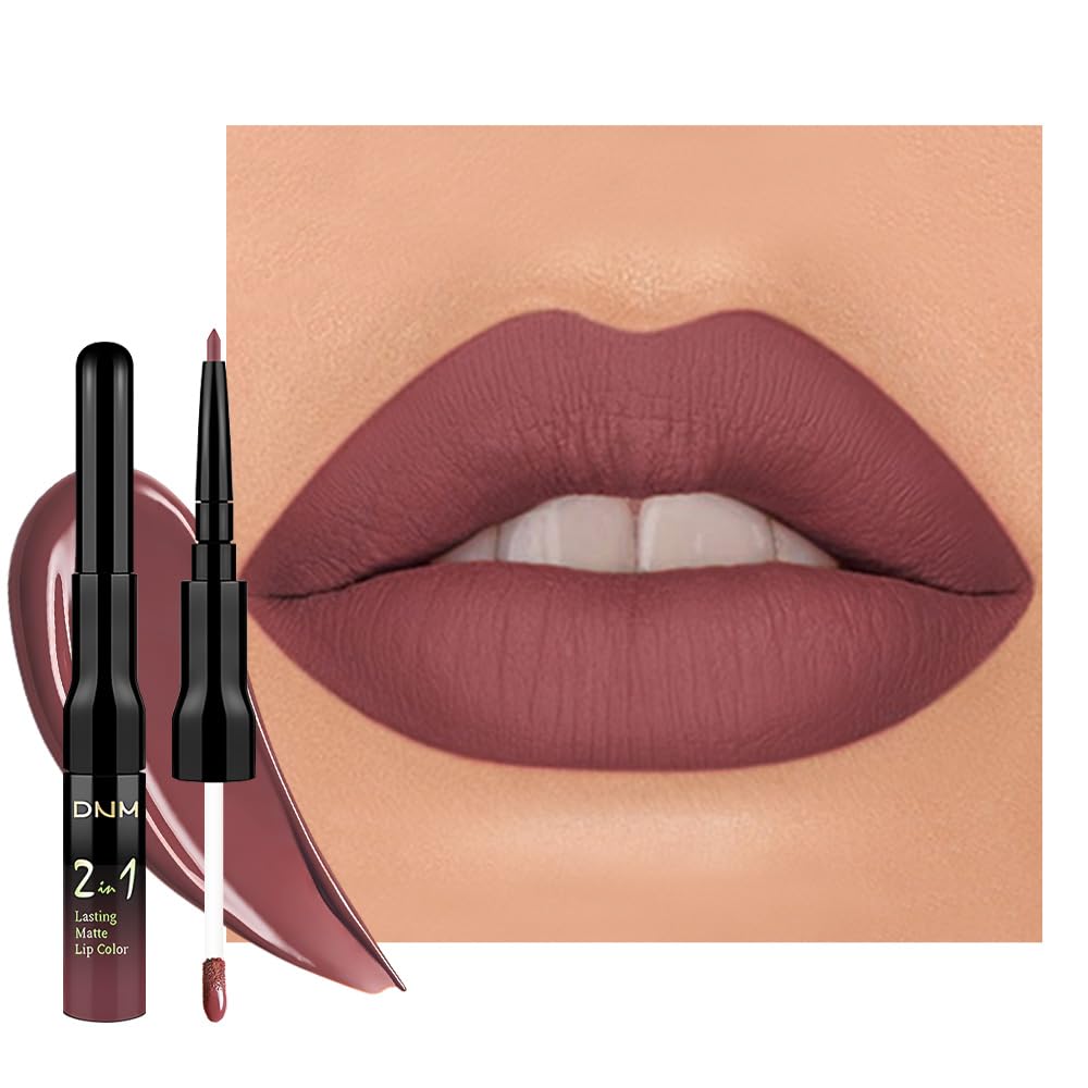 1Pcs 2 in 1 Red Brown Matte Lip Liner and Liquid Lipstick Stain Makeup Set for women, Red Brown Long Lasting Smudge Proof Lip Tint Matte Finish Lip Gloss for All-Day Color Hold Easy to Use 57#