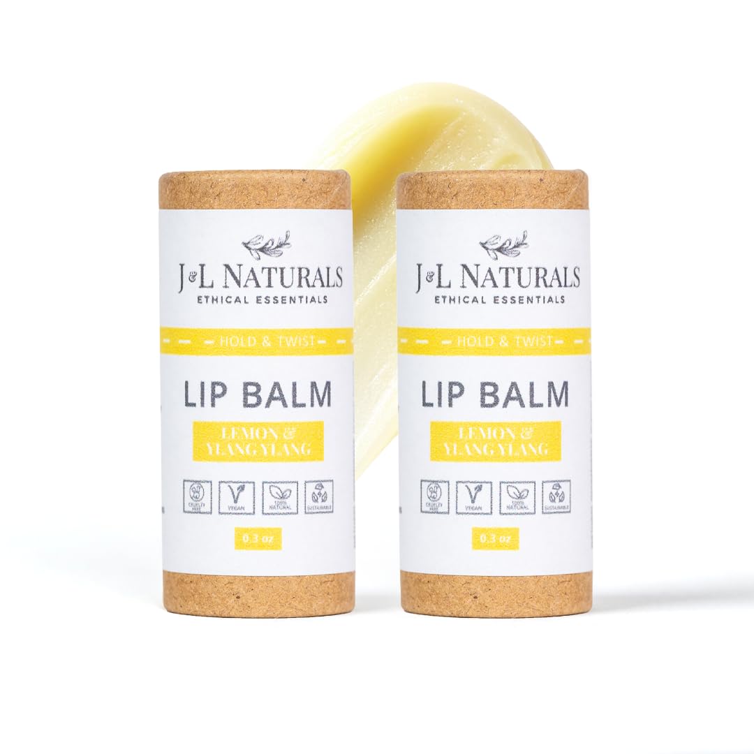 J&L Naturals Sustainable Lip Balm | Organic Ingredients, 100% Natural, Eco-Friendly | Cruelty Free, Vegan, Paraben Free, Silicone Free (Lemon & Ylang Ylang, 2-Piece Duo)