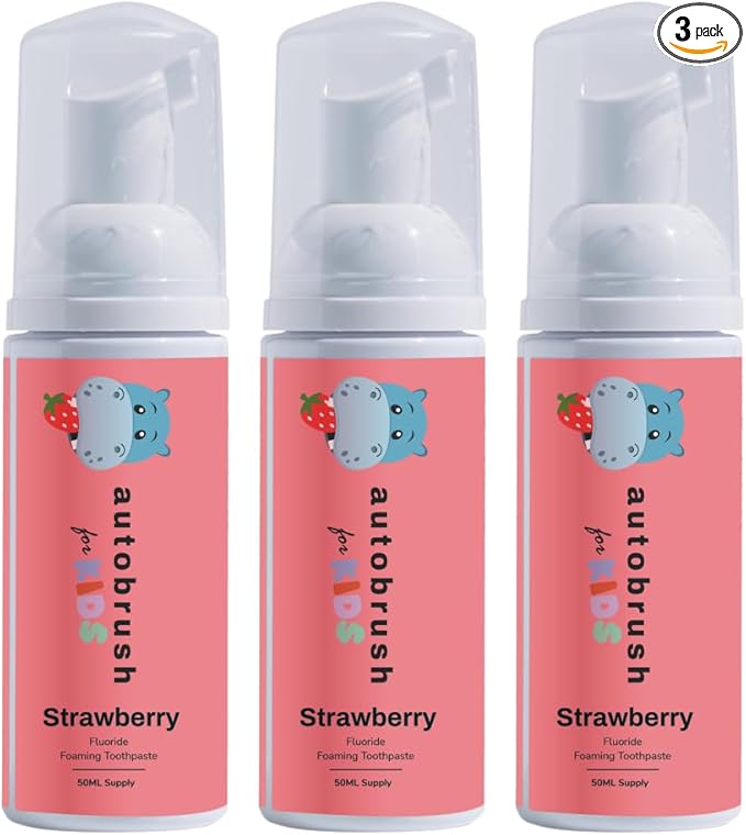 autobrush Fluoride Foaming Toothpaste for Kids, Strawberry Flavor, Whitening & Deep Cleaning, Travel Friendly, Anti-Cavity (Pack of 3)