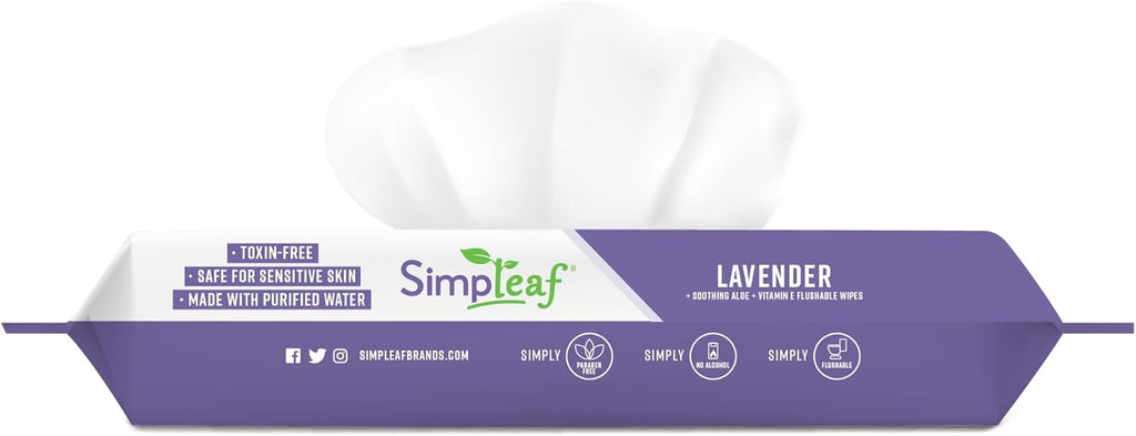 Simpleaf Flushable Wet Wipes Lavender | Plastic Free, Paraben & Alcohol Free | Hypoallergenic & Safe for Sensitive Skin | Soothing Aloe Formula | Adult Toilet Wipes (3 x 50 Counts Pack) 150 Counts
