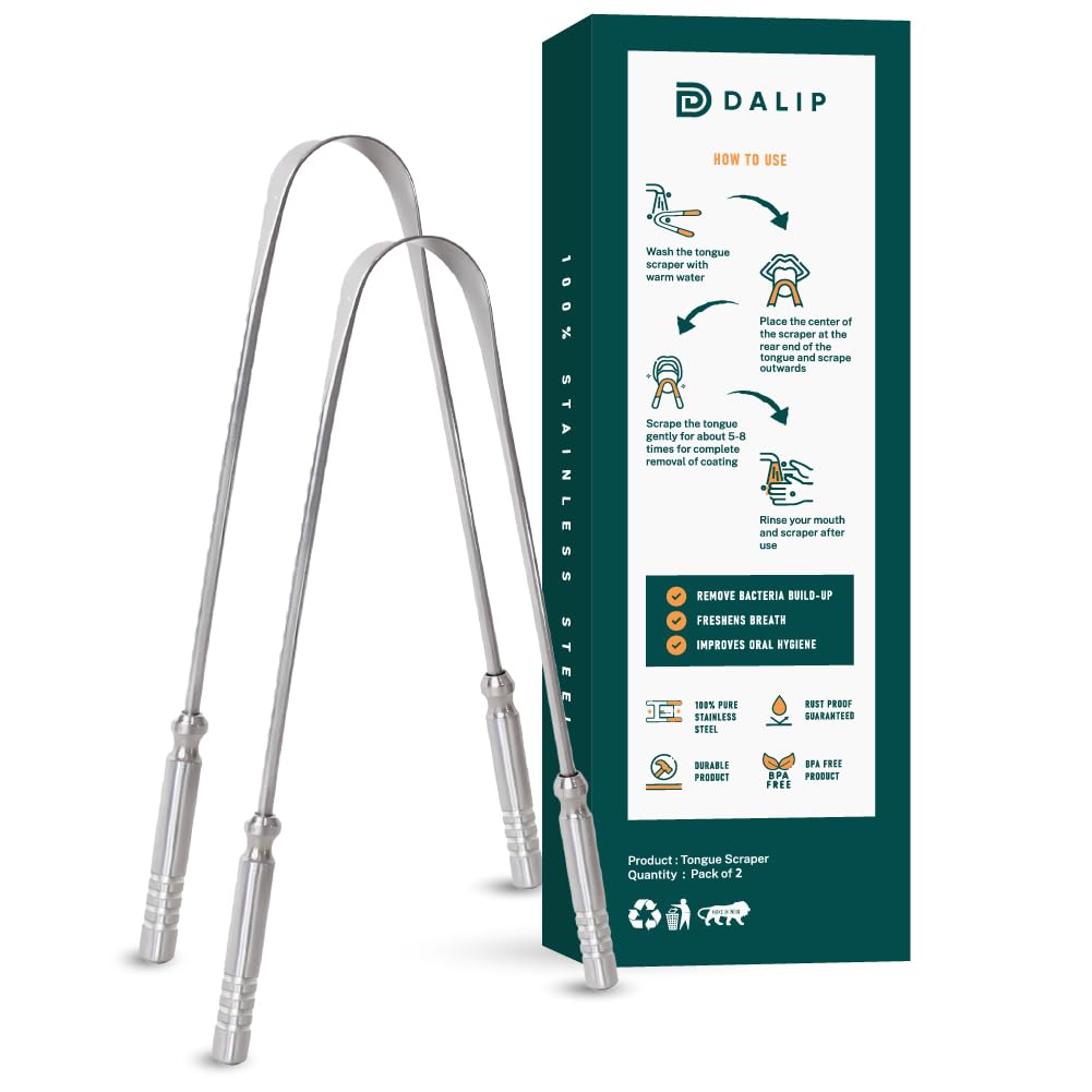 Dalip Tongue Scraper for Adults with Ergonomic Non-Slip Handle, Stainless Steel Tongue Cleaner, Reduces Bad Breath, Easy to Use Oral Care & Hygiene Tongue Scrubber (Pack of 2)