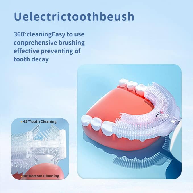 Kids Electric U Shaped Toothbrush Children Rechargeable Sonic Toothbrush with 4 Brush Heads Full Mouth 6 Cleaning Modes - (Age 8-15, Blue)