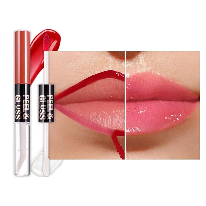 Dewy Rose Lip Stain Peel Off Lip Gloss oil Dual-Ended Combo, Lips Liner Stain Peel Off Tattoo, Long Lasting & Waterproof, Transfer-Proof Lip Tint Stain with Lip oil for All Skin Type 02#