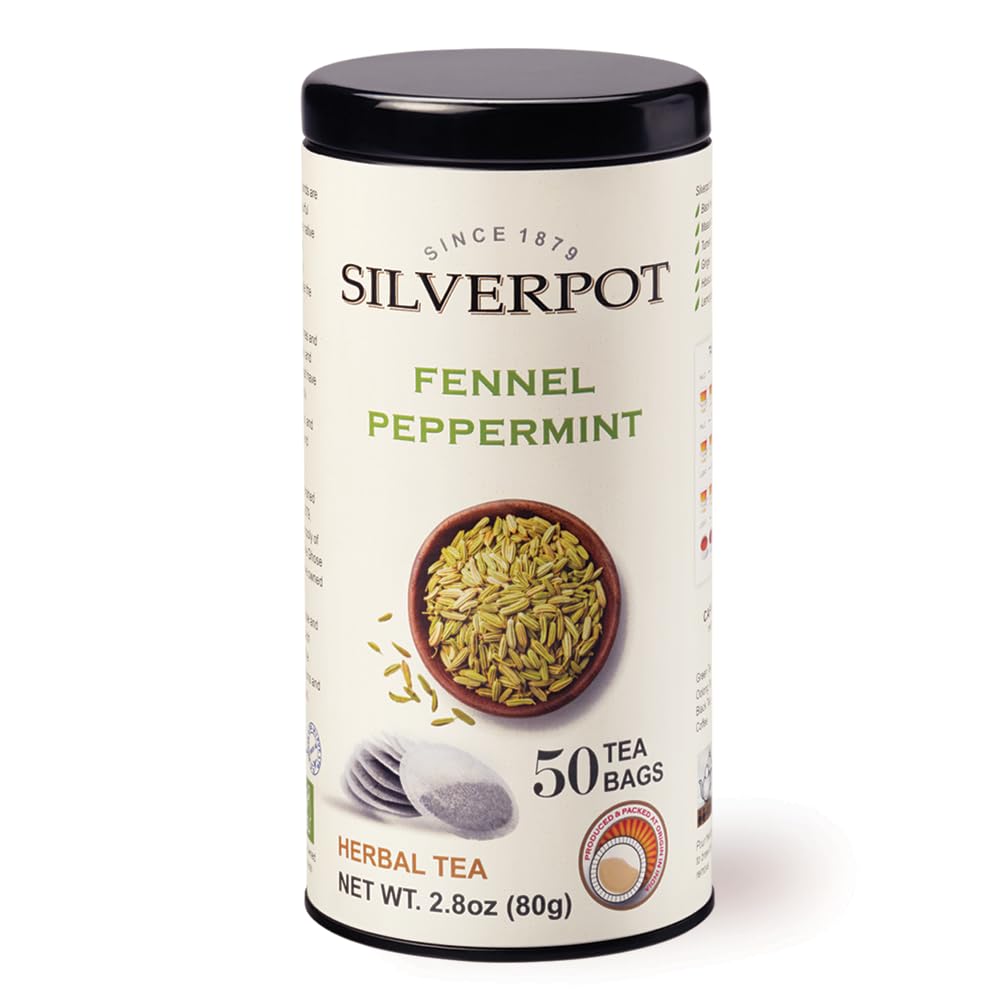 Silverpot Fennel & Peppermint - 50 Round Tea Bags | Naturally Caffeine Free | Fennel Seeds, Cooling Mint | Reusable Tin