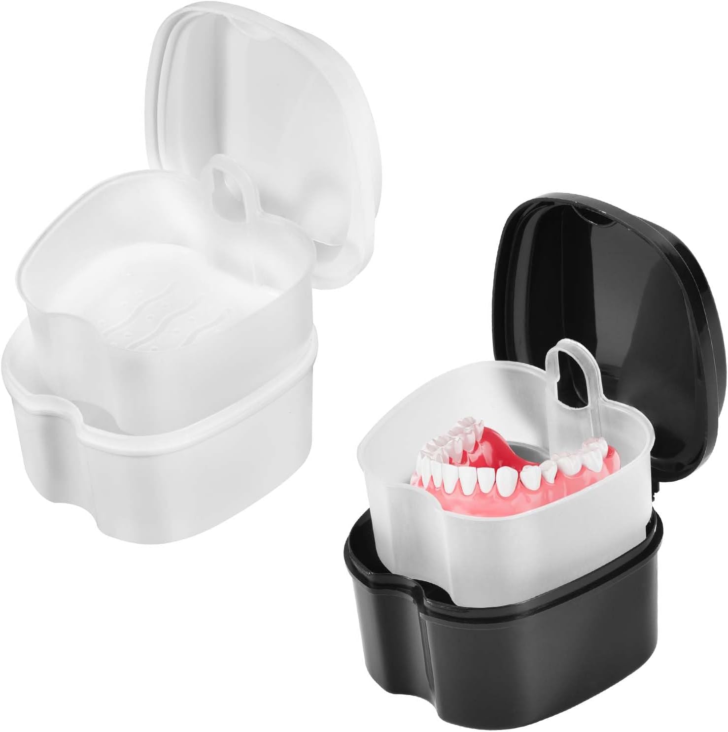 2 Pack Colors Denture Bath Case Cup Box Holder Storage Soak Container with Strainer Basket for Travel Cleaning (White and Black)