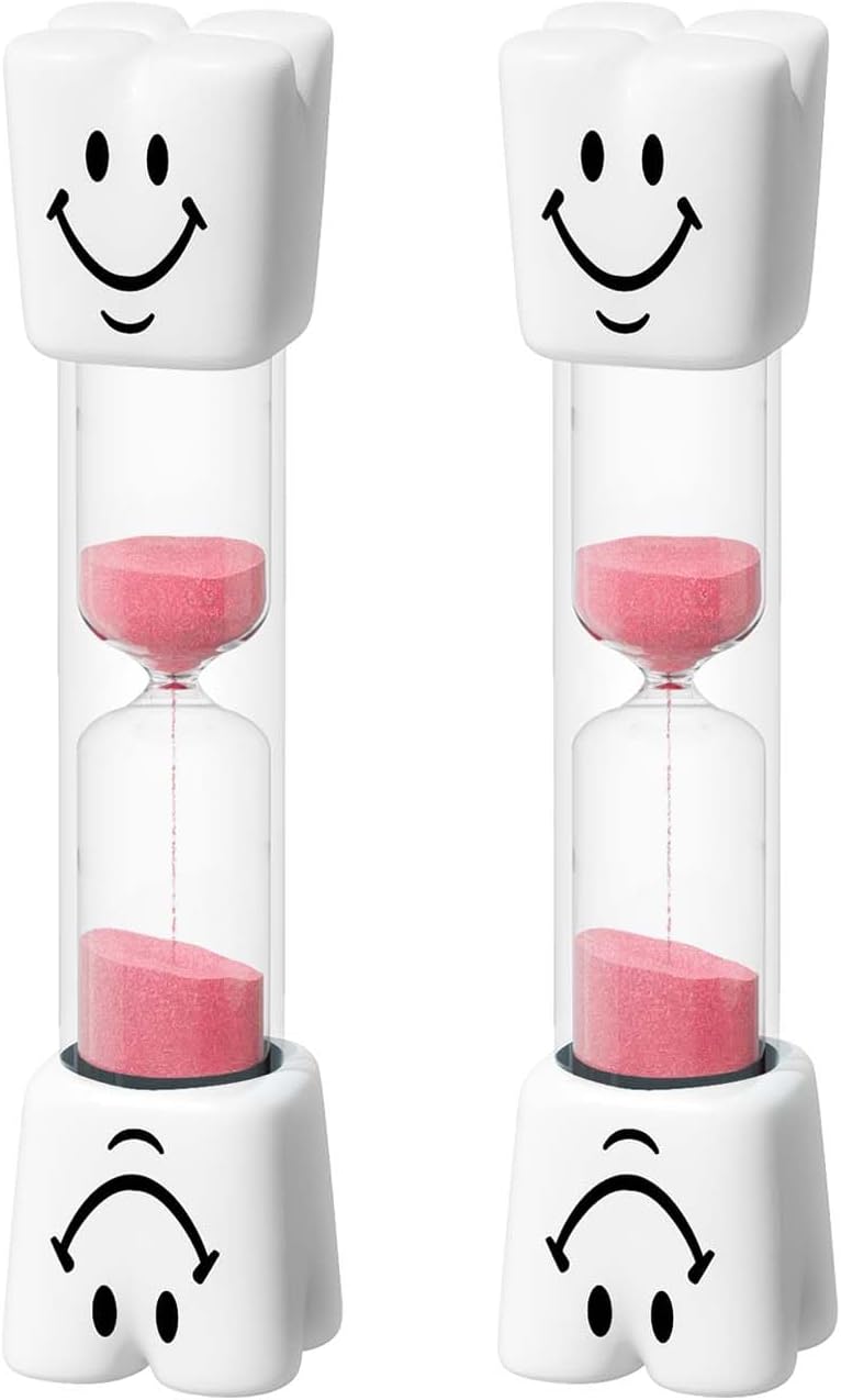 2 Minute Toothbrush Sand Timer for Kids, Small Pink Smiley Acrylic Hourglass Sand Clock Set 2min, Plastic Glass Mini Sandglass for Classroom Games Kitchen (Pack of 2)