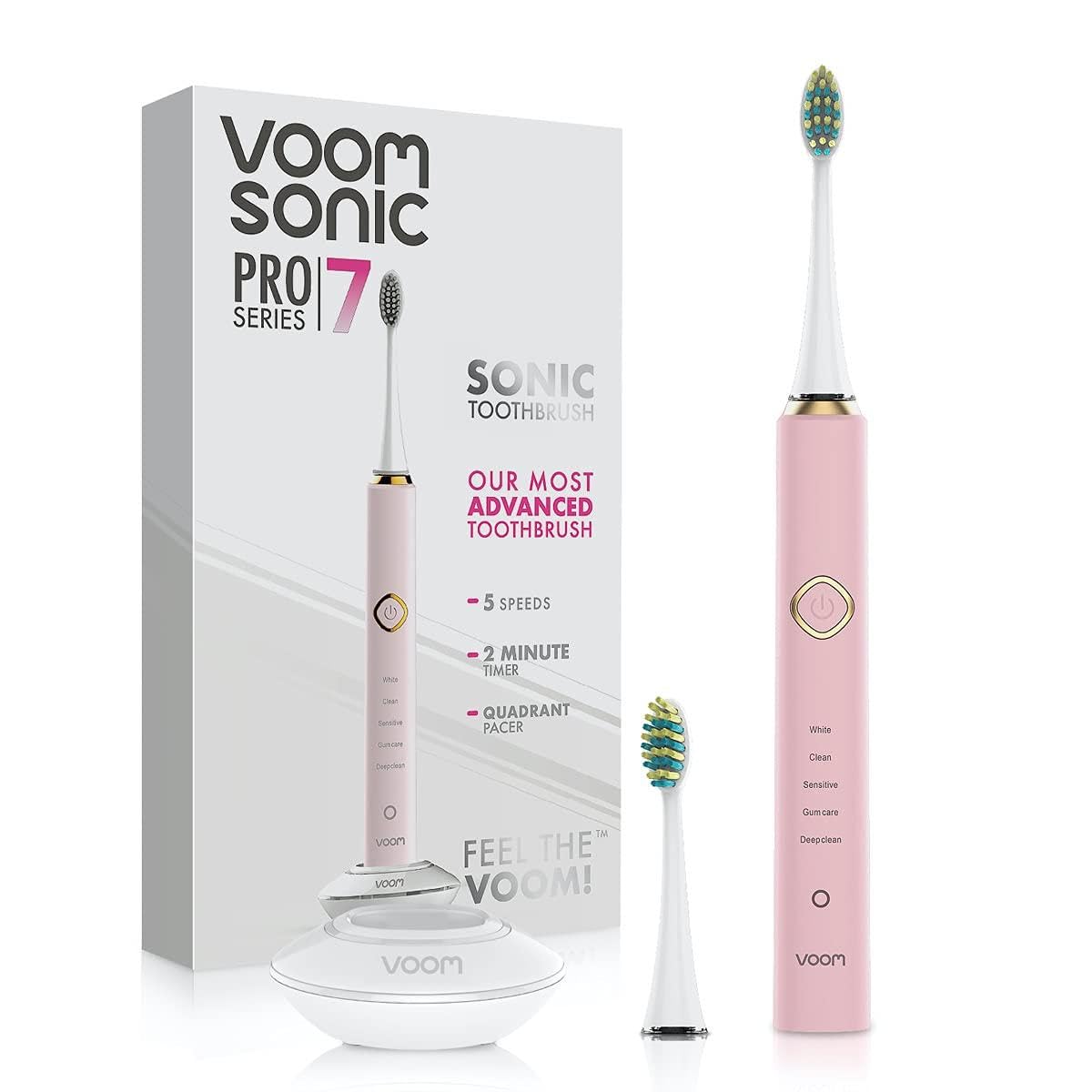 Voom Sonic Pro 7 Rechargeable Electronic Toothbrush + Pro 7 Series Replacement Brush Heads - 2-Minute Timer with Quadrant Pacing & 5 Adjustable Speeds,Soft Dupont Nylon Bristles Oral Care - Pink