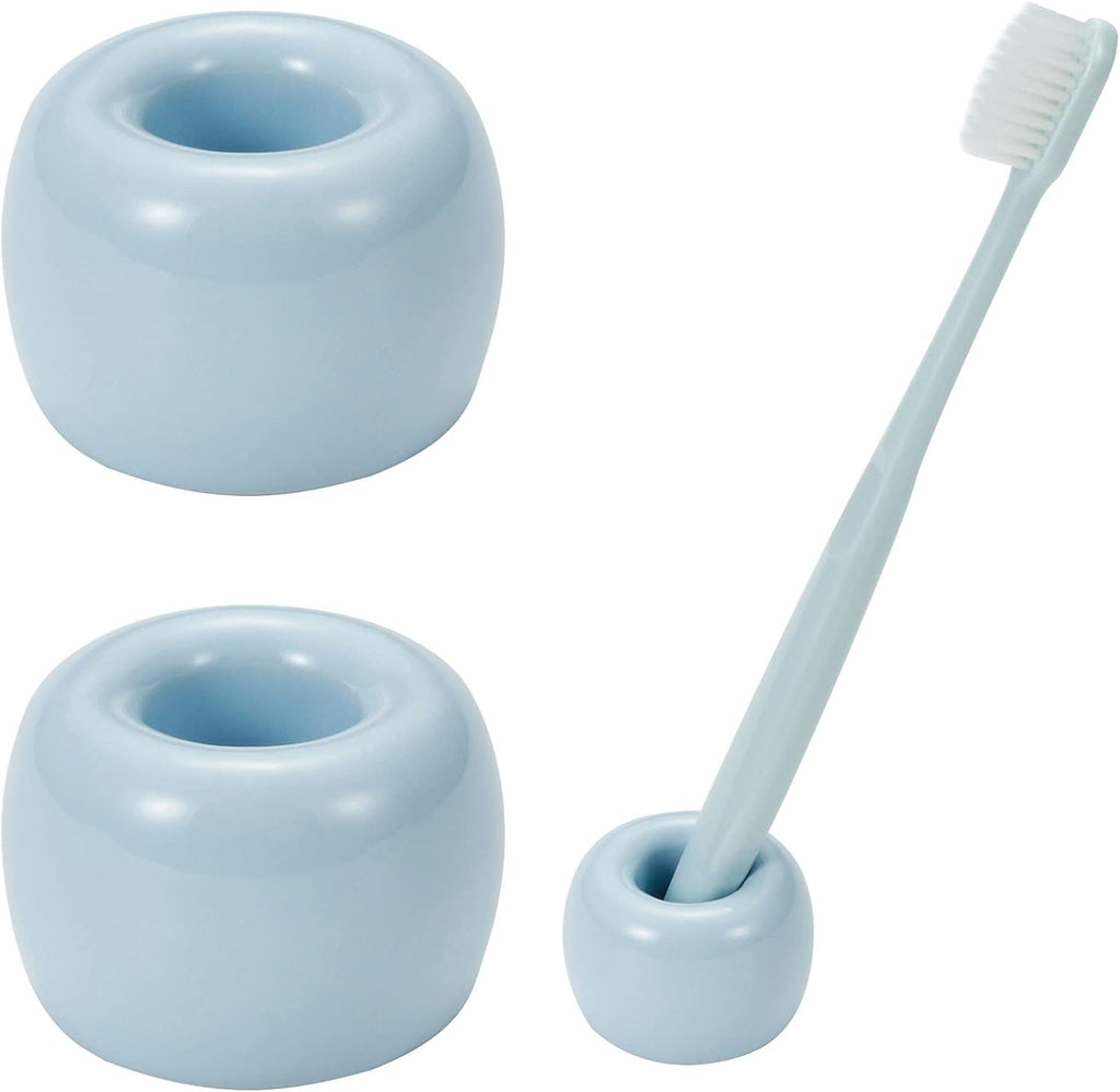Mini Ceramic Couple Toothbrush Holder, Hand-Made Bathroom Toothbrush Holder, Electric Toothbrush Head Holder and Office Pen Holder 2-Piece Set (Blue)