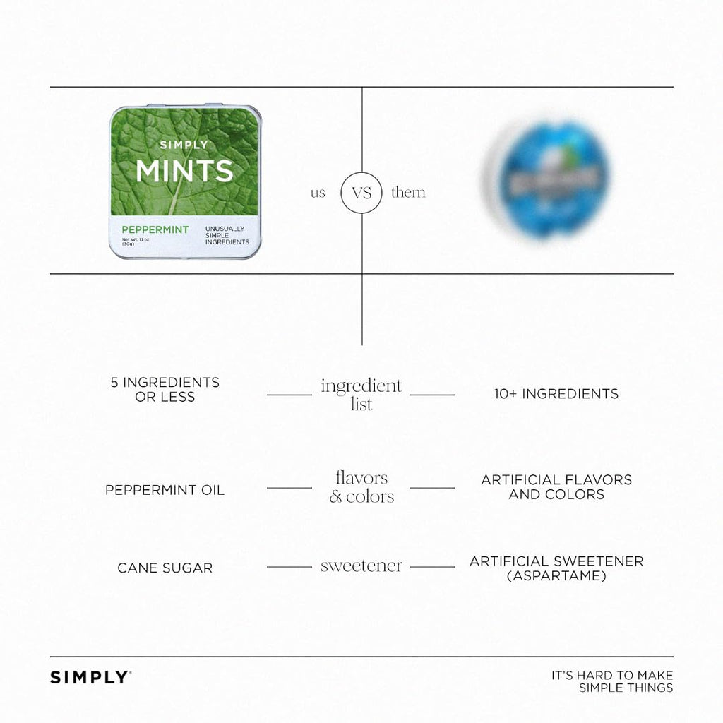 SIMPLY Mints | Variety Pack - Peppermint, Ginger, Cinnamon | Pack of Six (180 Pieces Total) | Breath Freshening + Aspartame-Free + Vegan + non-GMO