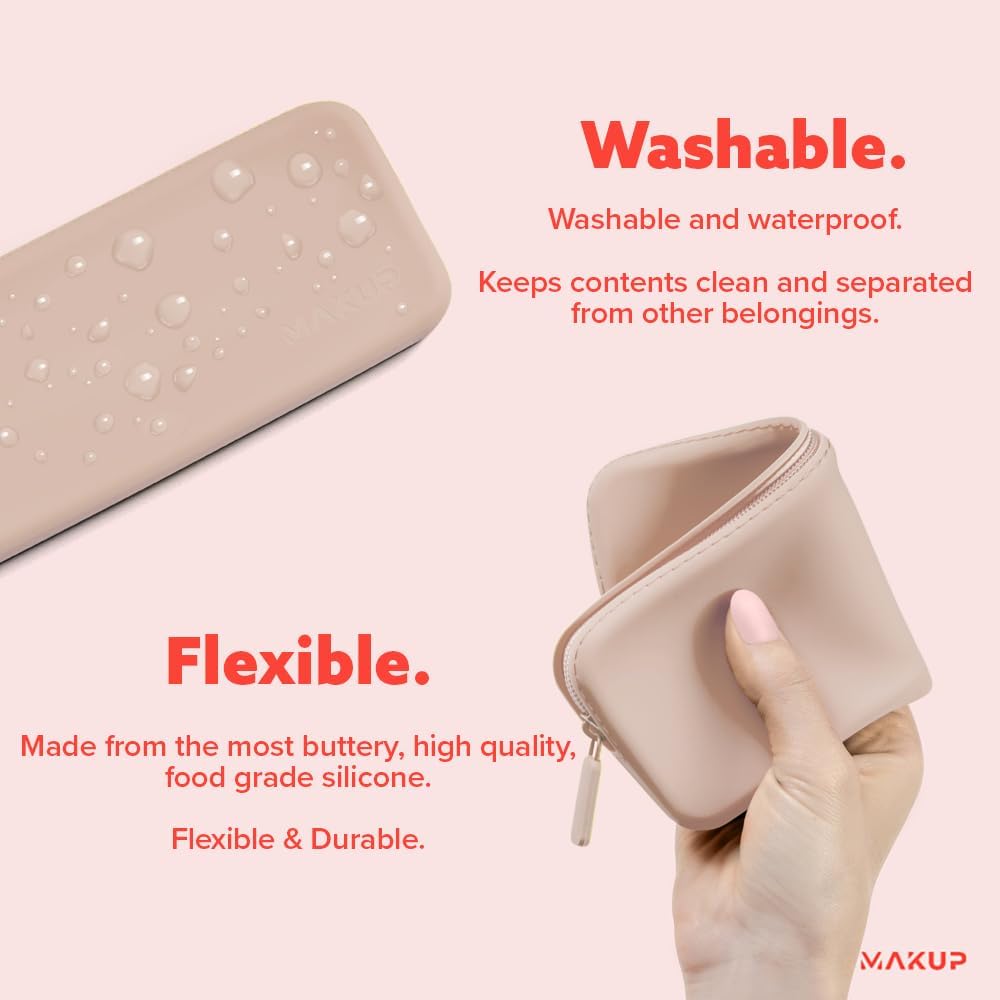 MAKUP Silicone Makeup Bag, Makeup Brush Holder with Zipper for Organizing Cosmetics, Makeup Brushes, Tools and Pencils, Washable Makeup Brush Holder Pouch for Travel (Nudist)