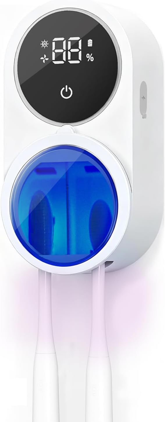 KLUEHOME UV Toothbrush Sanitizer & Holder,Dryer for Bathroom, LED Smart Screen, Cleaning and Air Drying, Mirror Wall Mounted,Fits Most Electric, Manual and Kids’ Toothbrushes