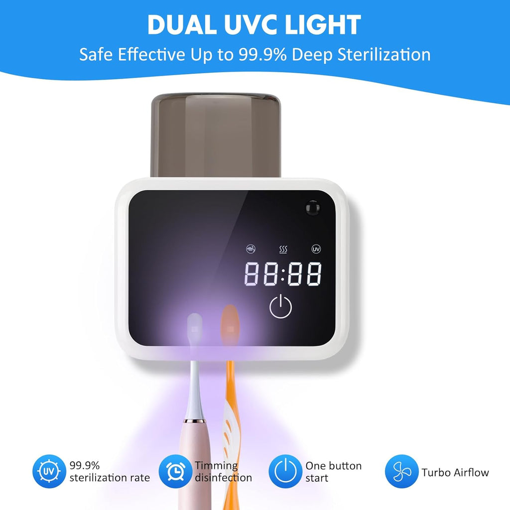 Wall Mounted Toothbrush Cleaning Holder, 2 Slots UV Toothbrush Cleaner with LED Screen, Timer and Cup, Smart Toothbrush Storage with Heating and Fan Drying for Bathroom Organizer & Decor - White