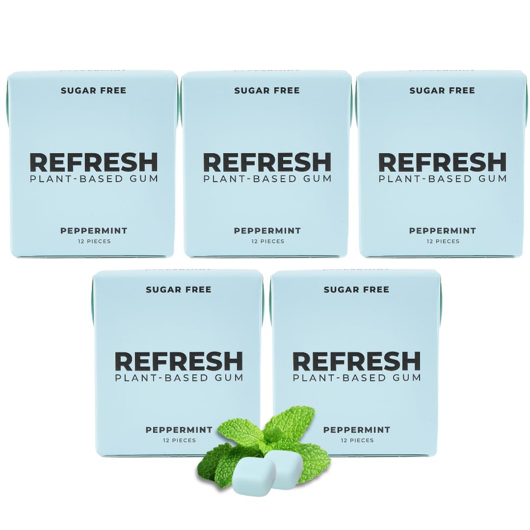 Refresh Gum, Xylitol, Natural, Sugar Free, Chewing Gum, Plastic Free, Natural Flavors & Organic Ingredients, Non GMO, Gluten Free, Vegan, 12 Count (Pack of 5), Peppermint