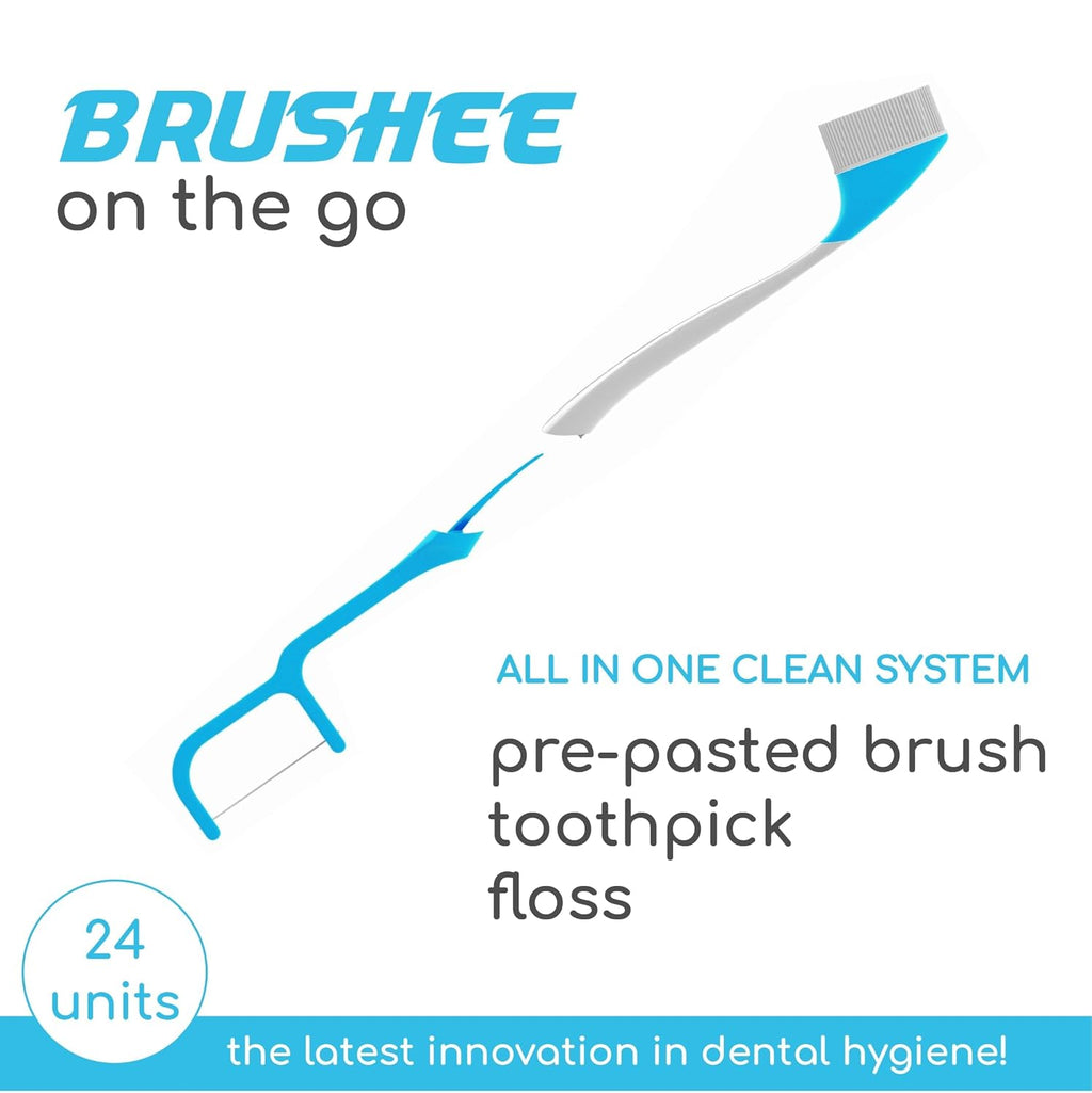 Brushee - The Evolution of Oral Care | 4-in-1 Tool (Paste + Brush + Floss + Pick) | Individually Wrapped | Disposable | Prepasted Travel Toothbrushes | Small Adult Toothbrush - (24-Pack)