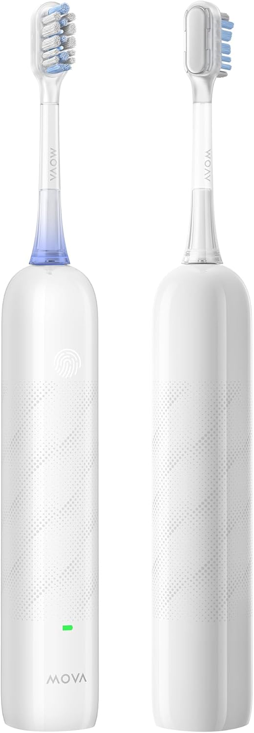 Mova Fresh SweepDrive Electric Toothbrush, Rechargeable Electric Power Toothbrush for Adults, Intuitive Pressure Sensing, 3-in-1 Replacement Brush Head with Holder, 30 Days of Battery Life, White