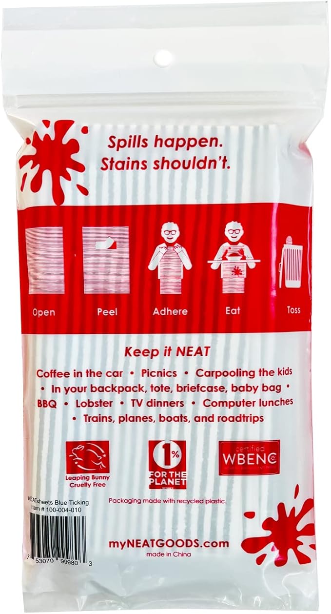 Disposable Bibs for Adults, Kids & Seniors | Adhesive Tab Napkins for Eating, Personal Use, Travel & Commuting | Spill Absorbent, Stain/Liquid Repellent | Blue Ticking 4 Count