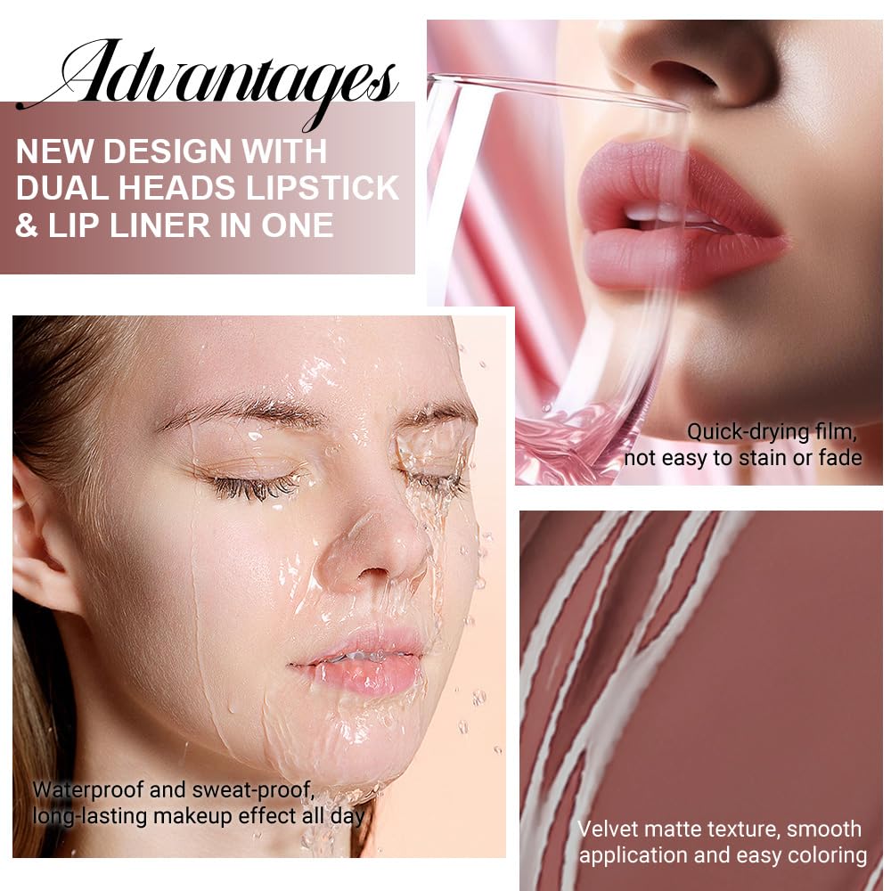 1Pcs 2 in 1 Nuetral Nude Matte Lip Liner and Liquid Lipstick Stain Makeup Set for women, Nuetral Nude Long Lasting Smudge Proof Lip Tint Matte Finish Lip Gloss for All-Day Color Hold Easy to Use 61#