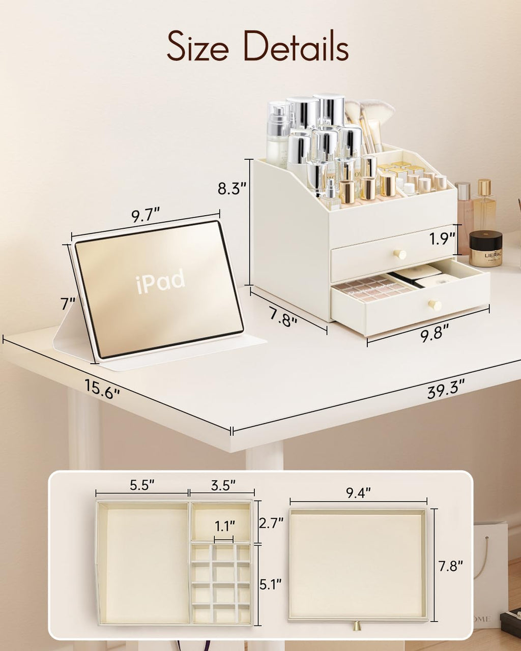 Vlando Makeup Organizer for Vanity,Large Capacity Countertop Organizer with Drawers, PU Leather Cosmetic Display Case for Lipstick,Brushes,Skincare,Bedroom Storage (Beige)