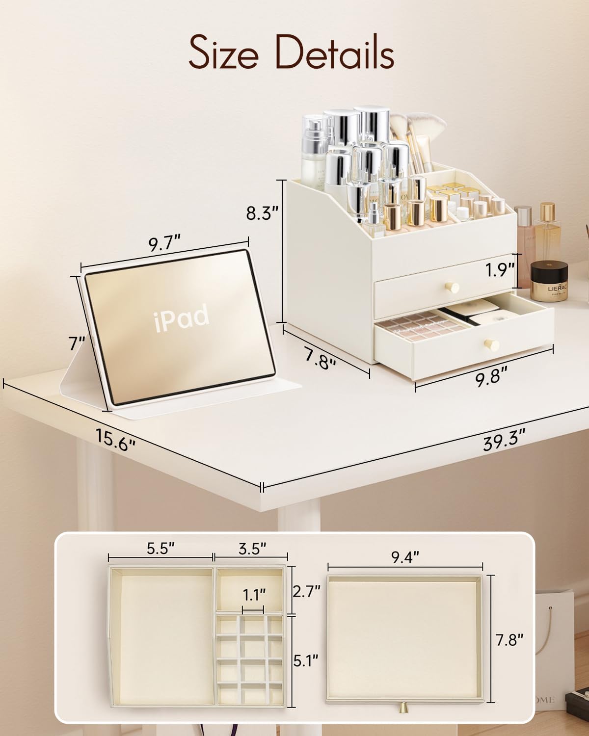 Vlando Makeup Organizer for Vanity,Large Capacity Countertop Organizer with Drawers, PU Leather Cosmetic Display Case for Lipstick,Brushes,Skincare,Bedroom Storage (Beige)