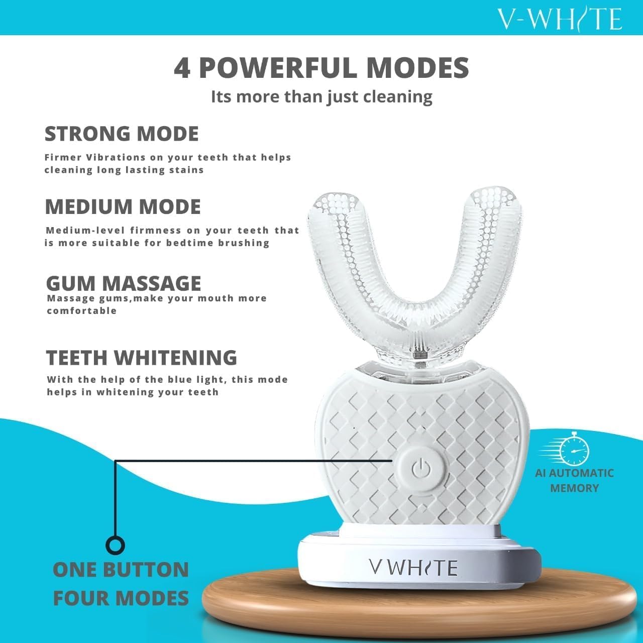 V-WHITE Ultrasonic U-Shaped Toothbrush for Teeth Whitening, Electric Toothbrush For Adults - 360° Mouth Cleansing, Hands Free Gums Protection - Wireless Charging & LED Light -Waterproof IPX7 Certified