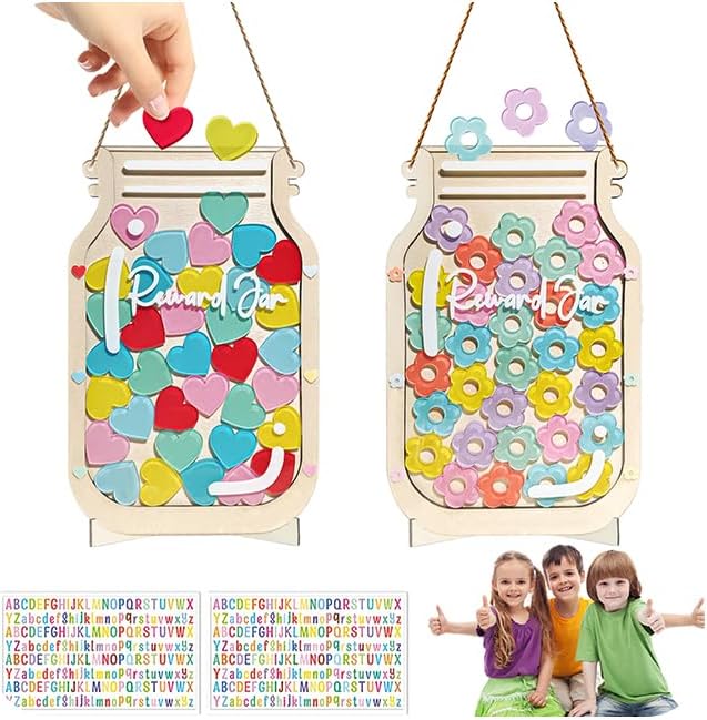 2 Pack Reward Jar for Kids, Heart and Flower Design with Colorful Letter Stickers, Reward Jar Magnetic System for Good Habits, Home School Potty Training Chart, Positive Behavior Incentive Tool