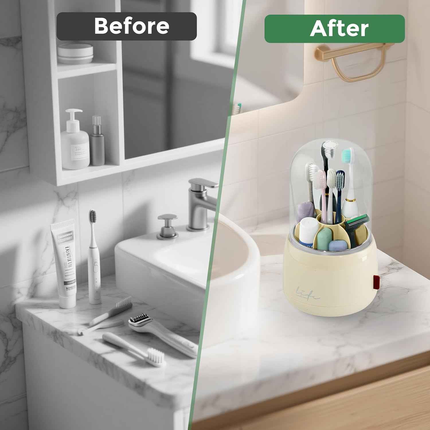 Toothbrush Holders for Bathrooms, Rotating 7 Slots Toothbrush Holder with Cover, Kids Electric Toothbrush and Toothpaste Holders for Caddy for Bathroom Vanity, Sink, Countertop, Beige